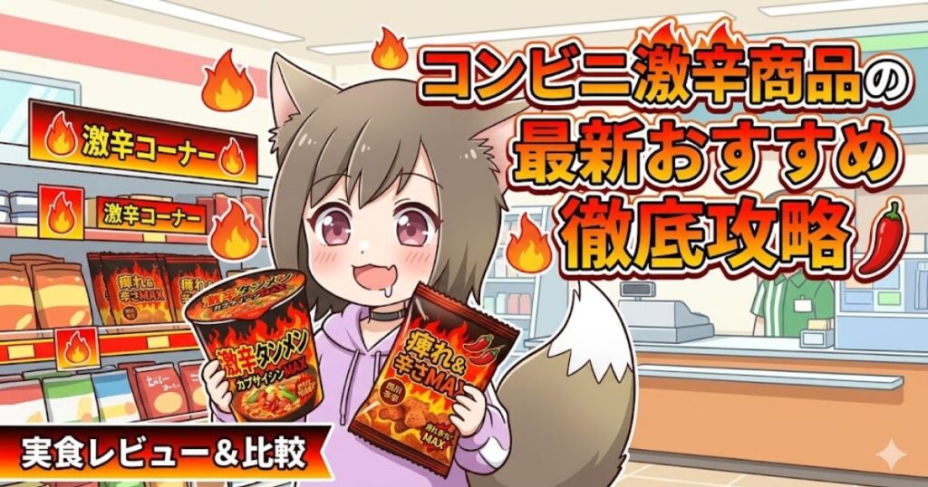 コンビニの激辛商品をテーマにしたアニメ風のイラスト。中央には猫耳と尻尾が生えた茶髪の女の子が描かれており、口元からよだれを垂らしながら、右手に「激辛タンメン カプサイシンMAX」のカップ麺、左手に「痺れ＆辛さMAX」のスナック菓子の袋を持っています。背景はコンビニの棚で、「激辛コーナー」のポップが飾られています。右上には「コンビニ激辛商品の最新おすすめ徹底攻略」、左下には「実食レビュー＆比較」という文字が大きく配置されています。