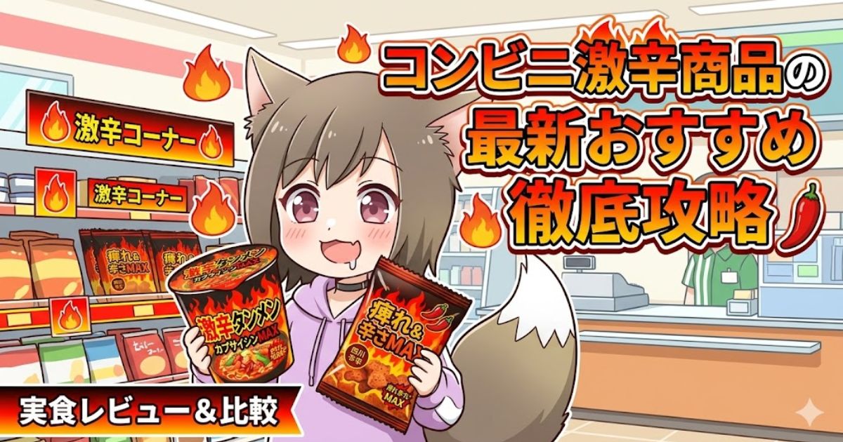 コンビニの激辛商品をテーマにしたアニメ風のイラスト。中央には猫耳と尻尾が生えた茶髪の女の子が描かれており、口元からよだれを垂らしながら、右手に「激辛タンメン カプサイシンMAX」のカップ麺、左手に「痺れ&辛さMAX」のスナック菓子の袋を持っています。背景はコンビニの棚で、「激辛コーナー」のポップが飾られています。右上には「コンビニ激辛商品の最新おすすめ徹底攻略」、左下には「実食レビュー&比較」という文字が大きく配置されています。