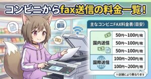 コンビニのマルチコピー機でFAXを送信するケモミミの女性キャラクターと、国内外のFAX料金目安が書かれた料金表のイラスト。