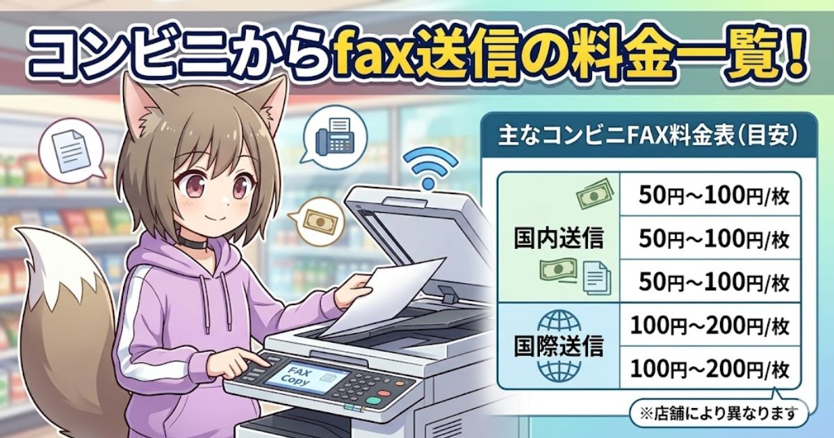 コンビニのマルチコピー機でFAXを送信するケモミミの女性キャラクターと、国内外のFAX料金目安が書かれた料金表のイラスト。