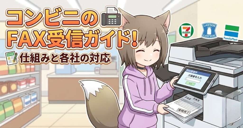 猫耳のキャラクターがコンビニのマルチコピー機の前でFAXを受信している様子を描いた、コンビニFAX受信ガイドのアイキャッチ画像。タイトルテキスト「コンビニのFAX受信ガイド！仕組みと各社の対応」と、セブン-イレブン、ローソン、ファミリーマートのロゴが表示されています。