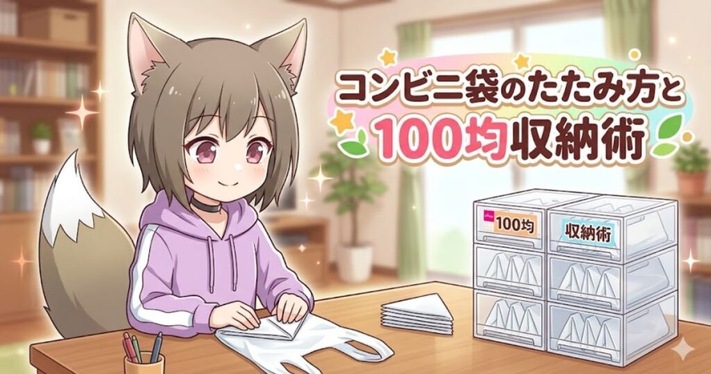 コンビニ袋を畳み、100均ケースに収納するアニメキャラのアイキャッチ画像