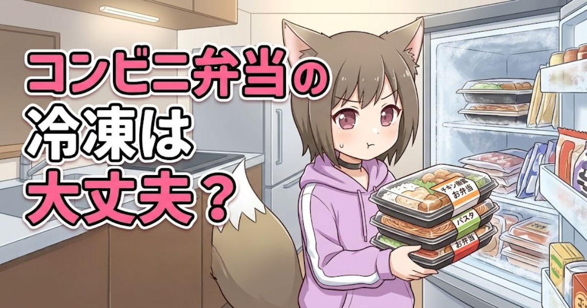 「コンビニ弁当の冷凍は大丈夫？」というタイトルが入った、狐耳の女の子がお弁当を手に冷凍庫の前で悩むブログアイキャッチ画像