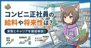 アニメキャラクター（MAYUMI、猫耳・尻尾付き、紫のパーカー、名札）がタブレットを見ているインフォグラフィック。タイトルは「コンビニ正社員の給料や将来性は？」。「実態とキャリアを徹底解説！」という見出しがあり、下部には「給料伸長」「登録販売」「キャリア／ビジネス競合」「AI」などのグラフと矢印が描かれている。左上にはお金の袋。