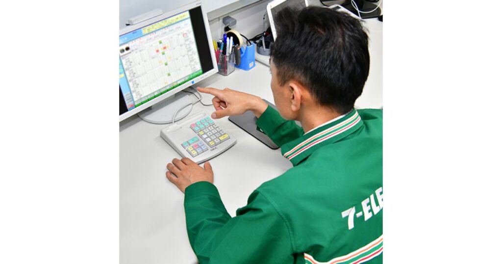 コンビニの従業員（緑色のセブン-イレブンの制服、背後）がデスクに座り、コンピュータモニターを見ながら画面を指さしている。もう片方の手はPOS端末のようなキーボードの上に置かれている。デスクの上にはペン立てやテープディスペンサーがある。