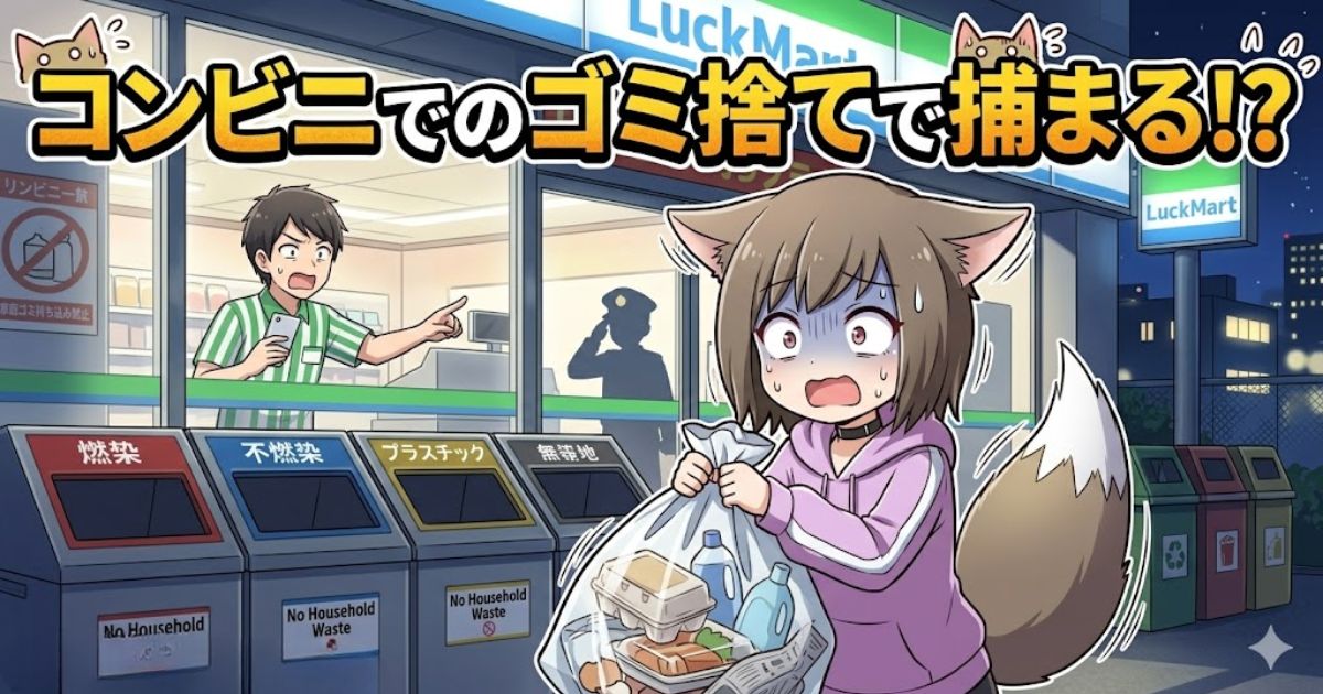 コンビニのゴミ箱に家庭ゴミを捨てようとして店員に指をさされ、青ざめて驚く猫耳キャラクターのイラスト。上部には「コンビニでのゴミ捨てで捕まる!?」という大きな文字が書かれている。