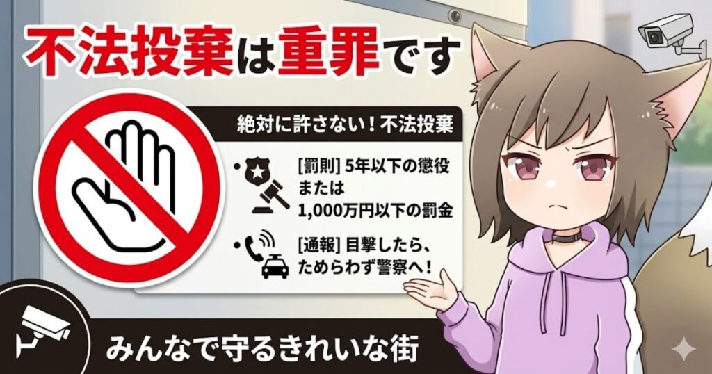 「不法投棄は重罪です」と記された警告用アイキャッチ。5年以下の懲役または1000万円以下の罰金という罰則内容と、目撃時の警察への通報を促す猫耳キャラクターのイラスト。
