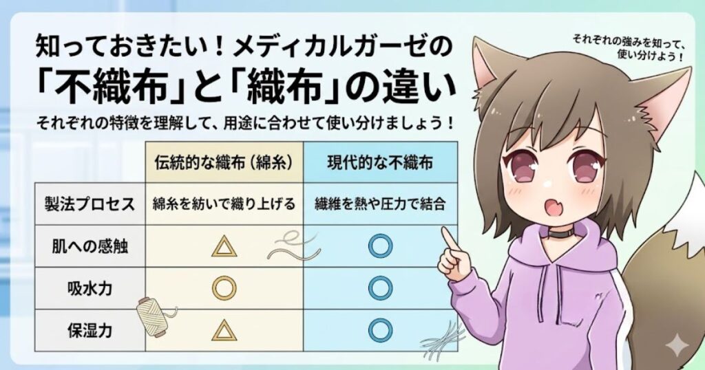 メディカルガーゼの「不織布」と「織布（綿糸）」の違い（製法プロセス、肌への感触、吸水力、保湿力）を比較した表と、それを解説している女性キャラクターのイラスト
