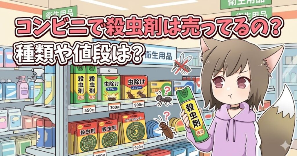 コンビニで殺虫剤は売ってるの？種類や値段は？というタイトルと、殺虫剤を手に持つ猫耳フードの女の子のイラスト