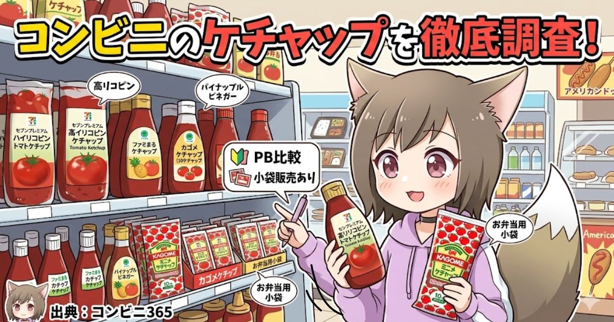 「コンビニのケチャップを徹底調査！」というタイトルのイラスト。コンビニの棚の前で、獣耳の女の子のキャラクターがセブンプレミアムとカゴメのケチャップを手に持っている。