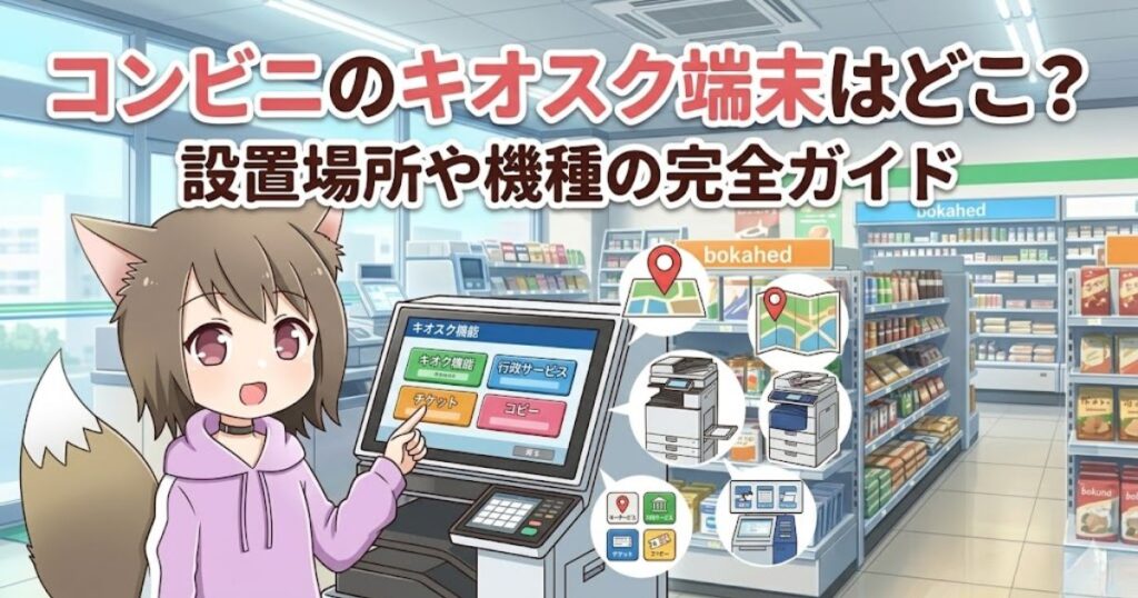 「コンビニのキオスク端末はどこ？設置場所や機種の完全ガイド」というタイトル文字と、マルチコピー機を指さす猫耳のキャラクターが描かれたコンビニ店内のイラスト。