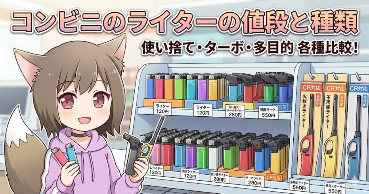 コンビニのライター売り場の棚の前に立つ、笑顔のネコ耳フードをかぶった女の子のイラスト
