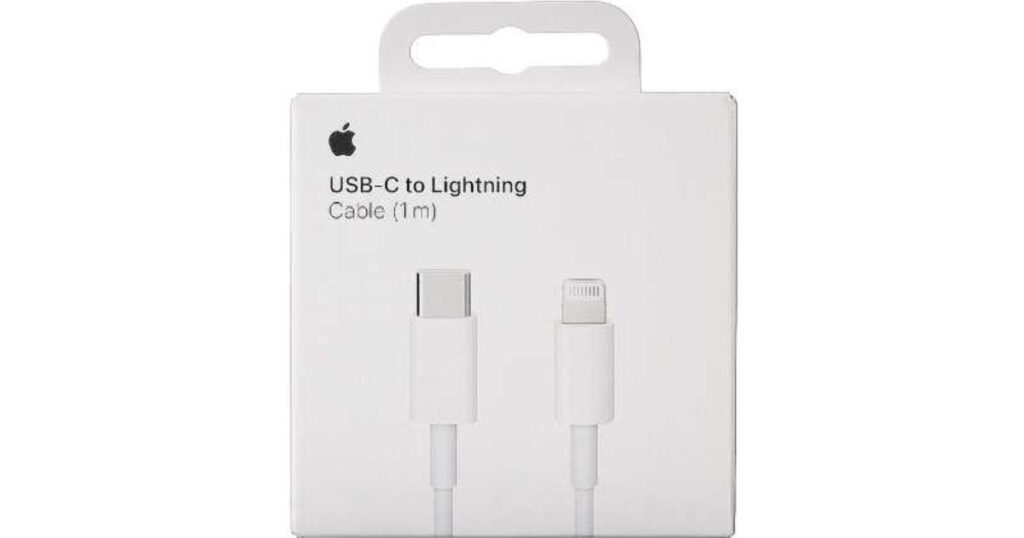 Apple純正の「USB-C to Lightningケーブル（1m）」の白いパッケージ画像