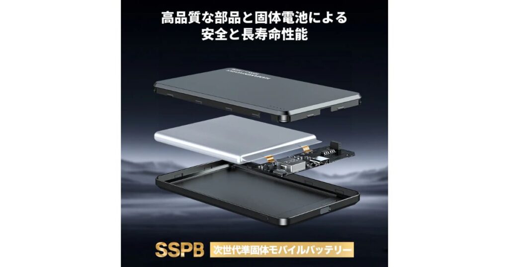 安全性と長寿命をアピールする、次世代準固体モバイルバッテリーの内部構造（基板や電池）を示す分解イメージ画像