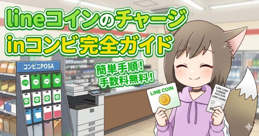 「lineコインのチャージ in コンビニ完全ガイド」のアイキャッチ画像。LINEコインのカードとレシートを持って笑顔のキツネ耳キャラクター