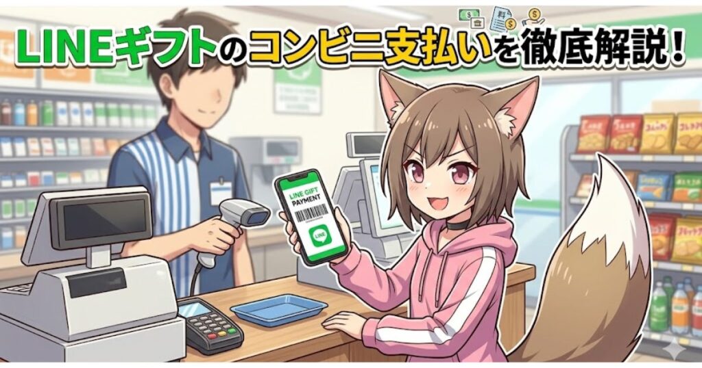アニメ調のイラストで、コンビニのレジカウンター。ストライプの制服を着た男性店員がバーコードスキャナーを構え、ピンクのパーカーを着た猫耳の女の子が、画面に「LINE GIFT PAYMENT」と表示されたスマートフォンを提示して笑っている。背景にはお菓子や飲み物の棚が見える。上部には「LINEギフトのコンビニ支払いを徹底解説！」という大きな文字がある。