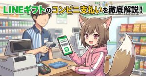 アニメ調のイラストで、コンビニのレジカウンター。ストライプの制服を着た男性店員がバーコードスキャナーを構え、ピンクのパーカーを着た猫耳の女の子が、画面に「LINE GIFT PAYMENT」と表示されたスマートフォンを提示して笑っている。背景にはお菓子や飲み物の棚が見える。上部には「LINEギフトのコンビニ支払いを徹底解説！」という大きな文字がある。