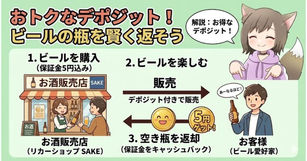 お酒販売店とお客様の間で、ビンの保証金5円がやり取りされるデポジット制度の仕組みを説明したイラスト。