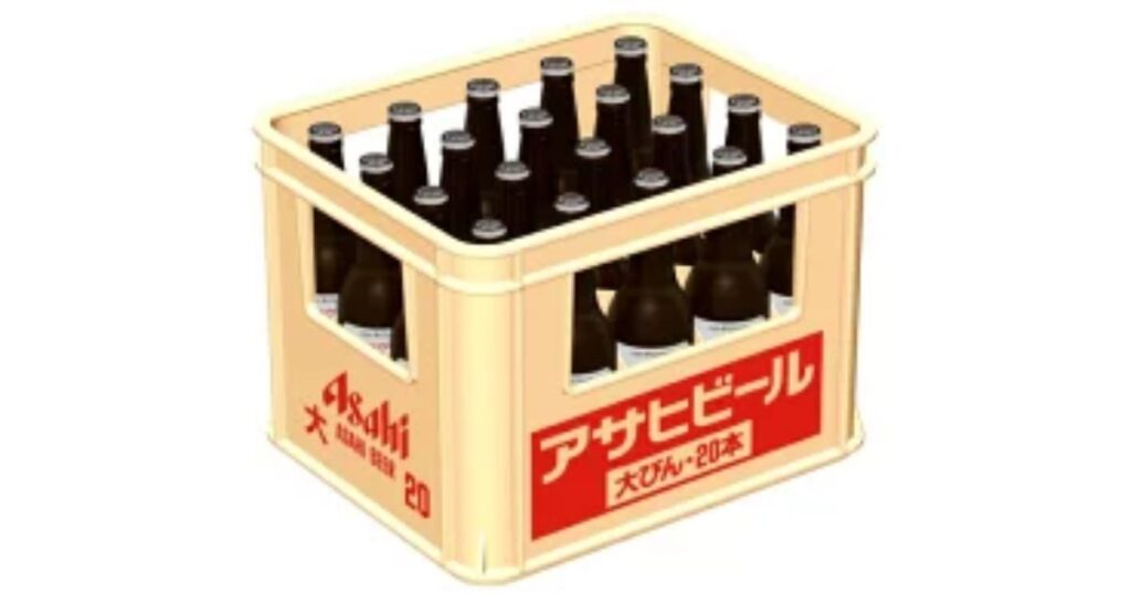 アサヒビールのロゴが印刷されたプラスチック製の黄色いビールケースに、大瓶20本が入っている写真。