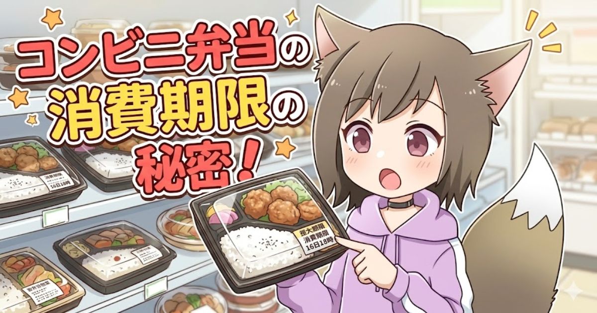 コンビニの棚を背景に、猫耳と狐のしっぽを持つキャラクターが弁当を手にしているイラスト。「コンビニ弁当の消費期限の秘密！」というタイトルで、弁当のパッケージに貼られた「消費期限 16日18時」のラベルを指差している。