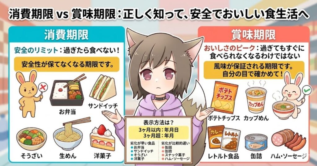 消費期限と賞味期限の違いを解説した図解。左側は「消費期限（安全のリミット）」として、弁当やサンドイッチなど劣化が早い食品を挙げ、期限を過ぎたら食べないようバツ印で警告。右側は「賞味期限（おいしさのピーク）」として、スナック菓子やカップめんなど劣化が遅い食品を挙げ、風味が保証される期間であることをマル印で説明している。