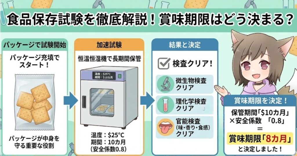 賞味期限がどう決まるかを解説したフローチャート。パッケージ充填からスタートし、恒温恒湿機を用いた加速試験（例：25℃で10カ月保管）を行う。微生物検査・理化学検査・官能検査をクリアした後、保管期間（10カ月）に安全係数（0.8）を掛けて、最終的な賞味期限（8カ月）を決定する手順を描いている。