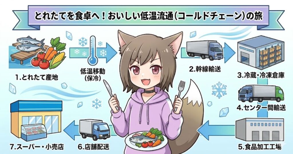 コールドチェーン（低温流通）の流れを示す図解。「とれたて産地」から始まり、幹線輸送、冷蔵・冷凍倉庫、センター間輸送、食品加工工場、店舗配送を経て、「スーパー・小売店」に届くまで、常に低温が保たれている様子をトラックや倉庫のイラストで説明。中央ではキャラクターが食事の準備をして待っている。