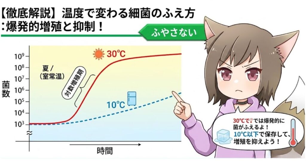 温度による細菌の増殖の違いを示すグラフ。縦軸が菌数、横軸が時間を表す。30℃（夏・室温）の赤い実線では細菌が対数増殖期に入り爆発的に増えるのに対し、10℃（冷蔵庫）の青い点線では増殖が抑えられることを示し、10℃以下での保存を推奨している。