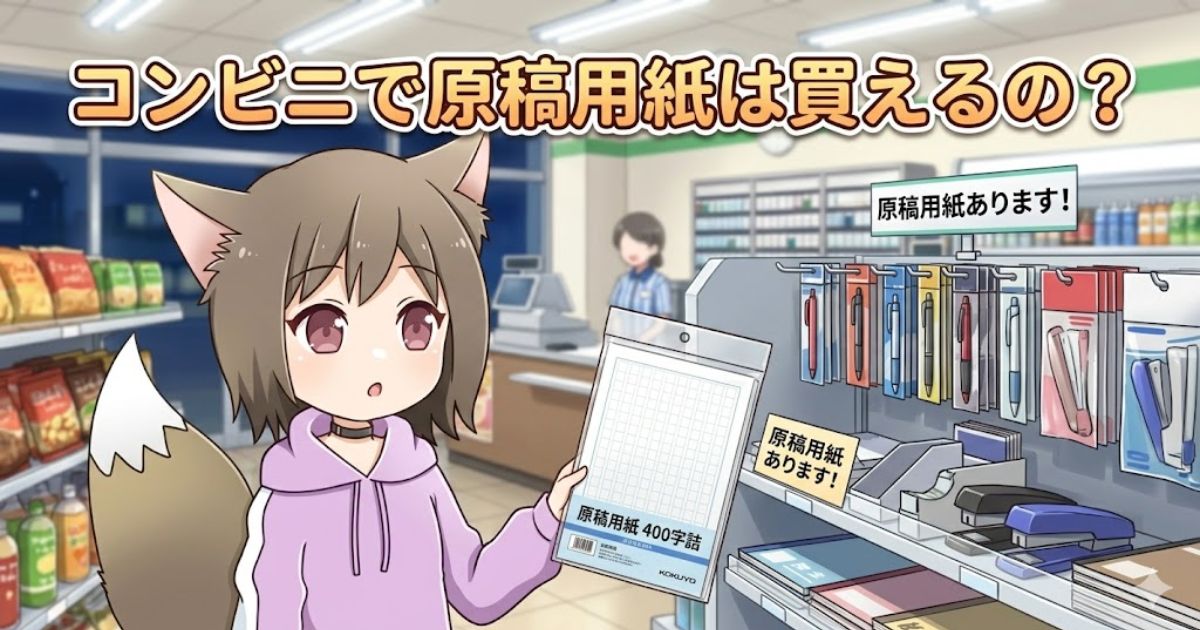 コンビニの店内で原稿用紙を手に持つケモ耳の女の子のイラスト。「コンビニで原稿用紙は買えるの？」というタイトル文字と「原稿用紙あります！」のポップ。