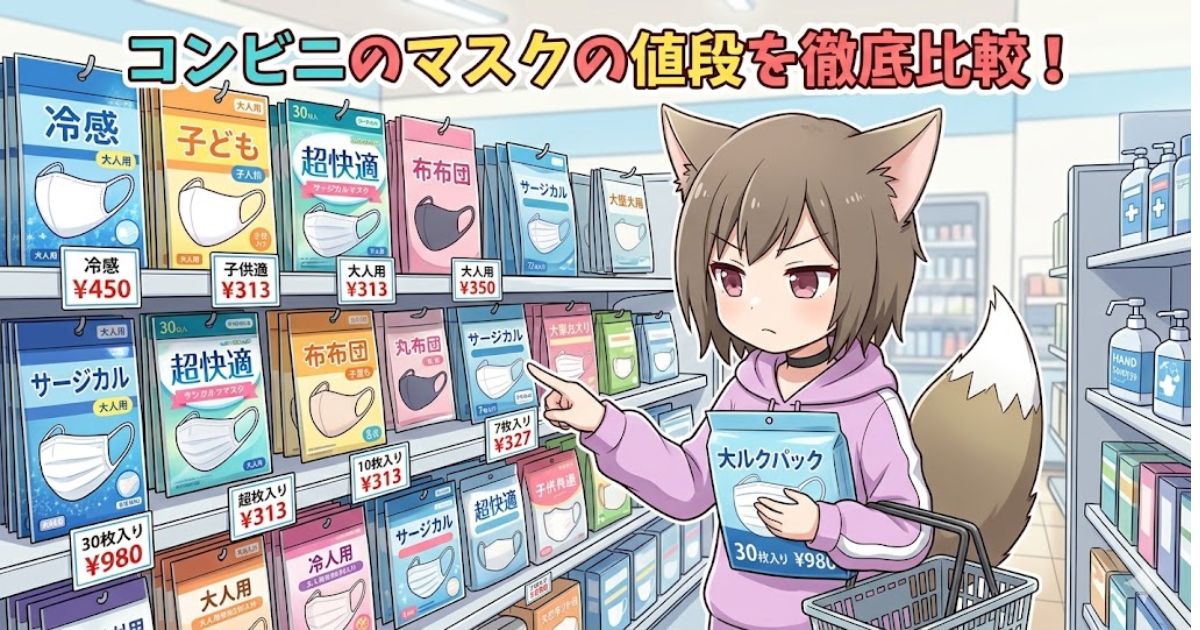 アニメスタイルの画像。コンビニのマスク売り場で、狐耳の女の子が「コンビニのマスクの値段を徹底比較！」という文字の下で、様々なマスクと価格が書かれた棚を指差している。手には「大人パック 30枚入り ¥980」のマスクを持っている。