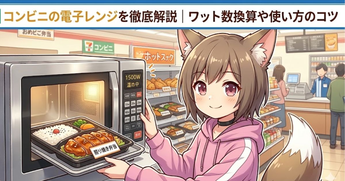 「コンビニの電子レンジを徹底解説｜ワット数換算や使い方のコツ」というタイトルと、コンビニで弁当を温めている女の子のイラスト