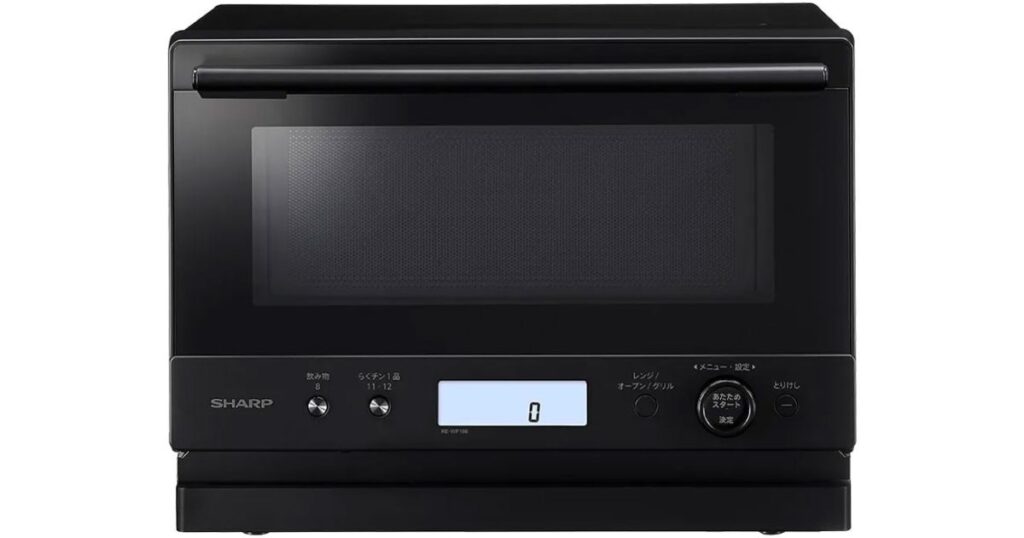 シャープ製の黒い家庭用電子レンジの正面画像