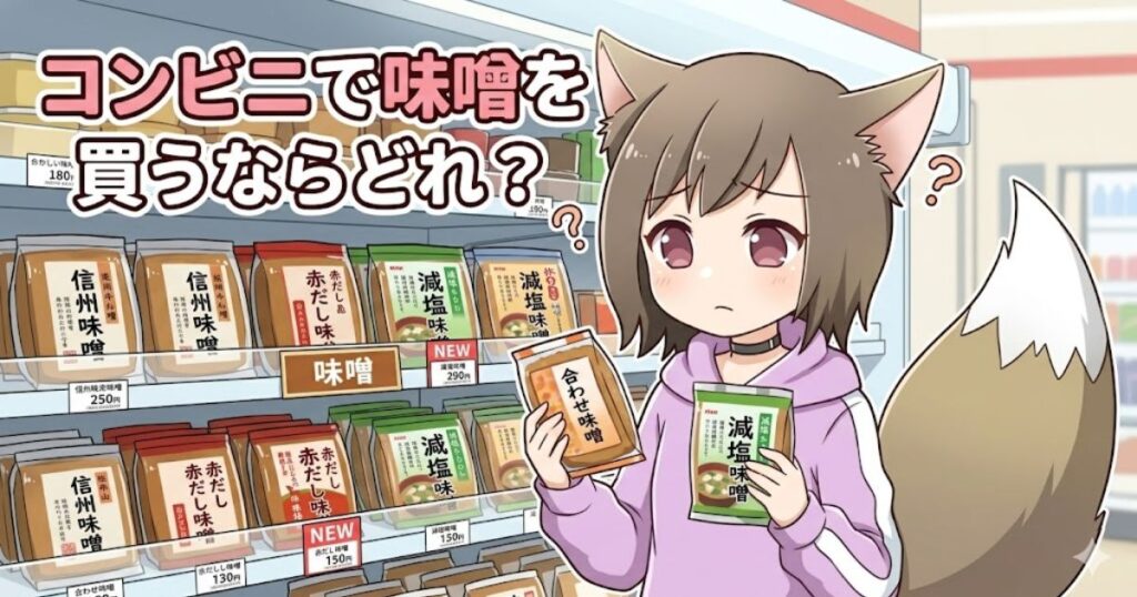 「コンビニで味噌を買うならどれ？」というタイトルと、コンビニの味噌売り場でパックを手に持ち、どれを買うか悩んでいる女の子のイラスト