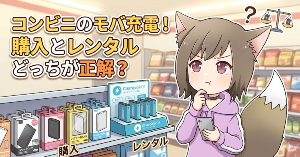 コンビニの店内でモバイルバッテリーの購入とレンタルを迷うケモ耳の女の子のイラスト