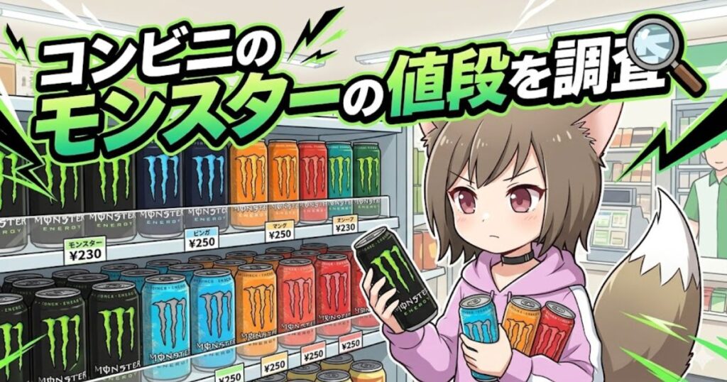 アニメ調のキャラクターがコンビニの飲料棚の前でモンスターエナジーを手に持っているイラスト。画像上部には「コンビニのモンスターの値段を調査」というタイトルと虫眼鏡のアイコンが描かれています。