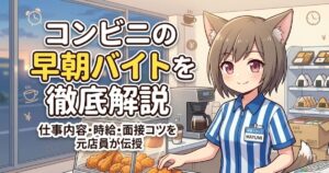 「コンビニの早朝バイトを徹底解説」という大きな見出しと、元店員が仕事内容や時給などを解説する旨のテキストが書かれた、ネコ耳のアニメ女性店員「MAYUMI」が微笑むイラスト。