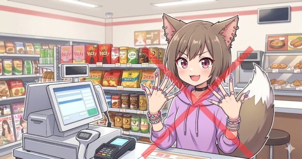 コンビニのレジカウンター内に立つ、ネコ耳で派手なネイルやアクセサリーをつけたアニメ女性店員のイラスト。画像全体に大きな赤い「×」印が重ねられており、不適切な服装の例を示している。