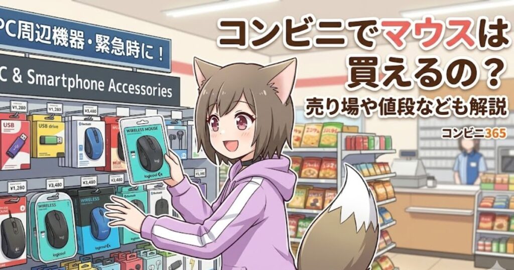 コンビニエンスストアのPC周辺機器コーナーで、猫耳と尻尾のあるアニメスタイルの女の子が「Wireless Mouse logicool C」のパッケージを手に取り、笑顔で立っているアイキャッチ画像。背景にはお菓子や飲み物の棚、レジカウンター、店員が見える。右上には大きなオレンジ色の文字で「コンビニでマウスは買えるの？」、その下に白い文字で「売り場や値段なども解説」、「コンビニ365」というテキストがある。左上の看板には「PC周辺機器・緊急時に！」、「PC & Smartphone Accessories」と書かれている。