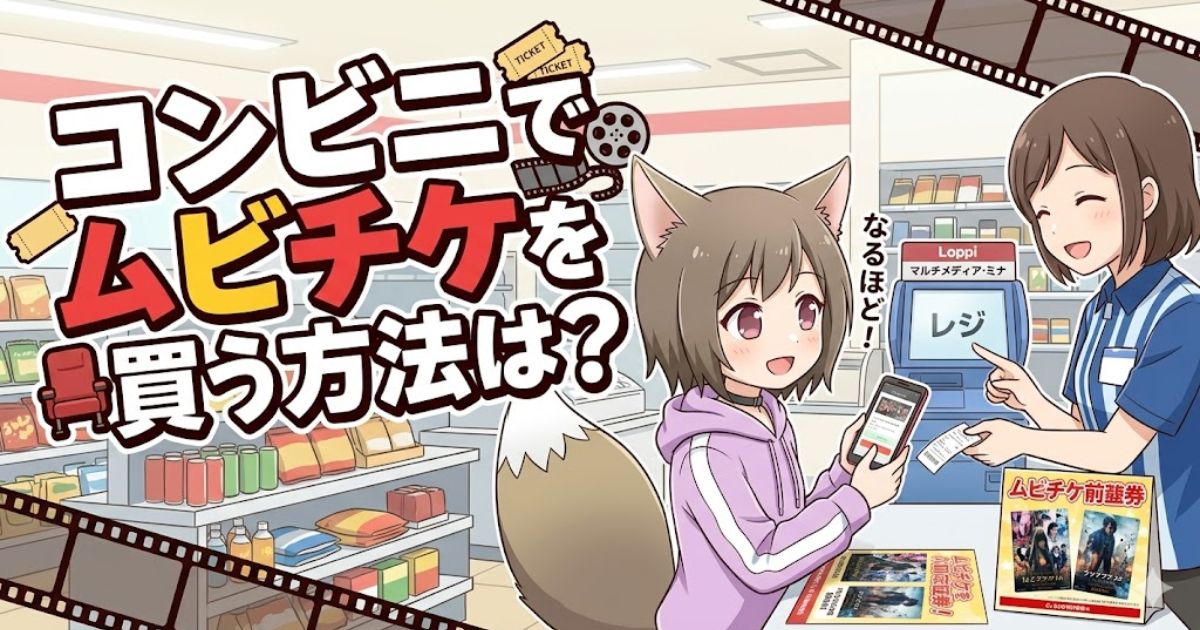 「コンビニでムビチケを買う方法は？」というタイトル文字と、スマートフォンを操作する客、レジ端末を案内するコンビニ店員が描かれたアイキャッチイラスト