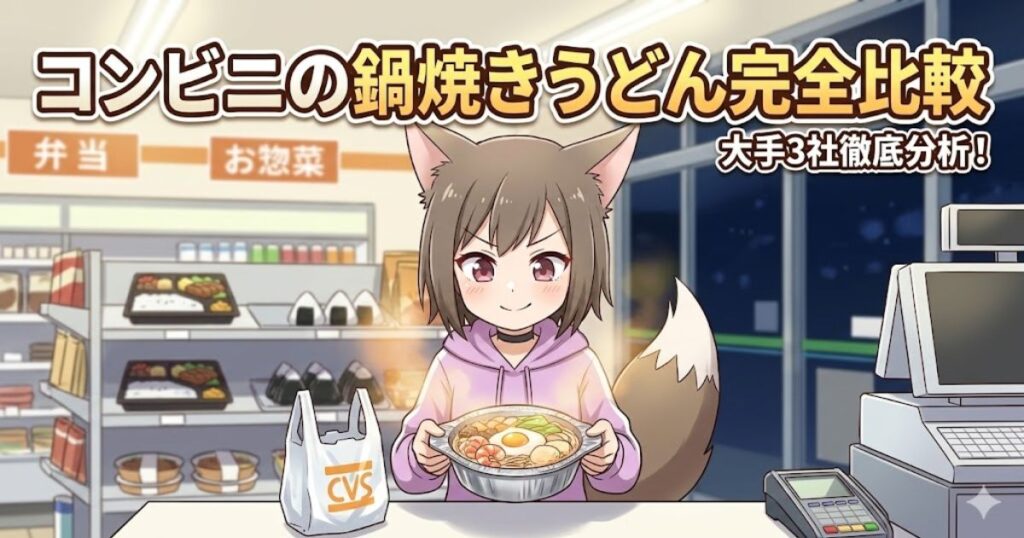 「コンビニの鍋焼きうどん完全比較 大手3社徹底分析！」という文字が書かれた、コンビニのレジ前で鍋焼きうどんを持つ狐耳のキャラクターのイラスト