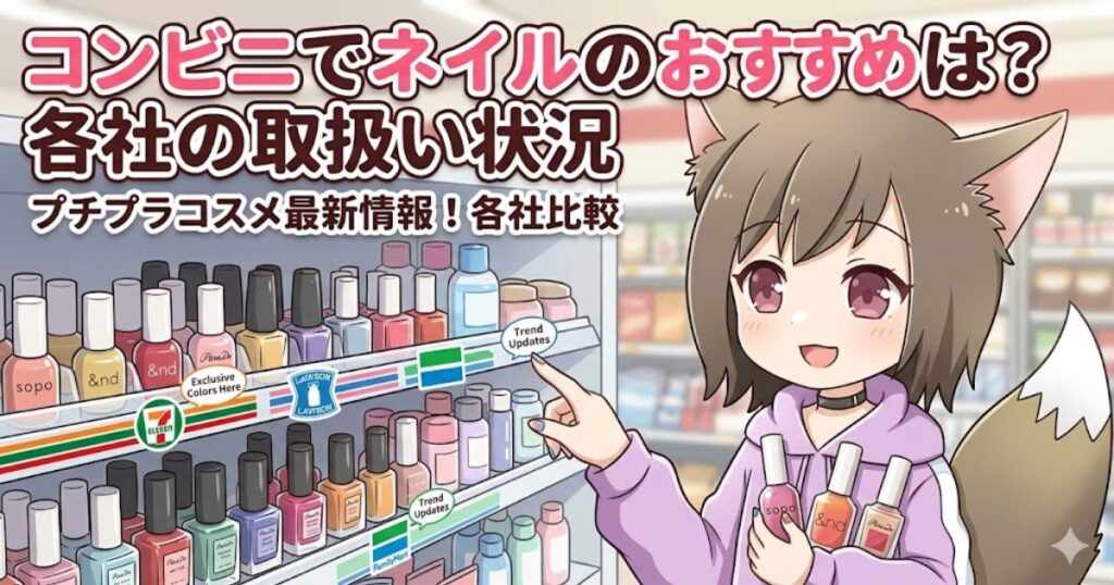 コンビニの棚でネイルを選ぶ女性のイラスト。「コンビニでネイルのおすすめは？各社の取扱い状況」の文字入りアイキャッチ画像