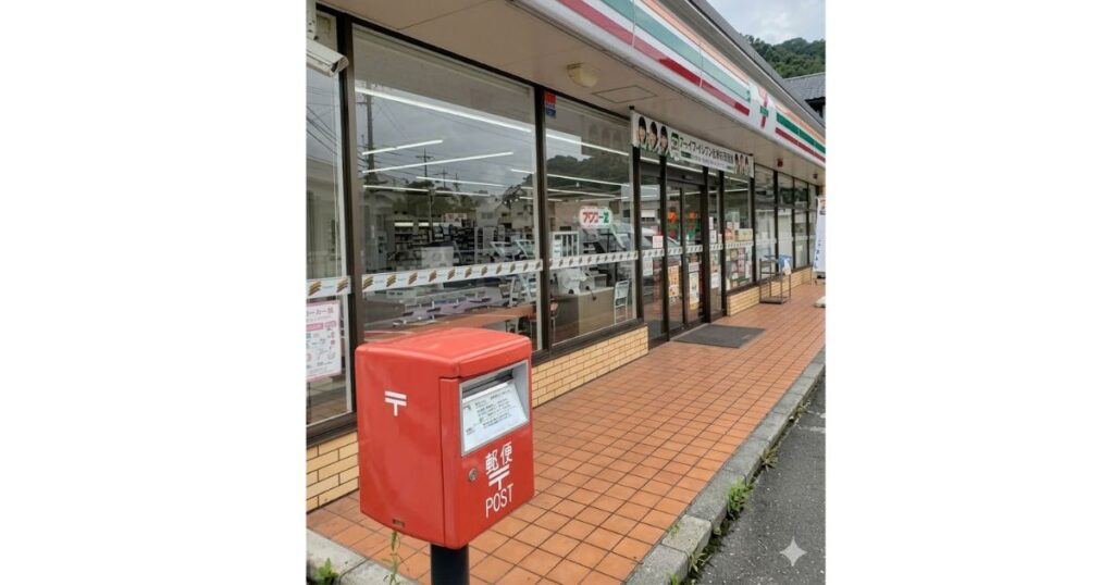 セブン-イレブンの店舗前(敷地内)の歩道に設置されている、赤い公設郵便ポストの外観写真。