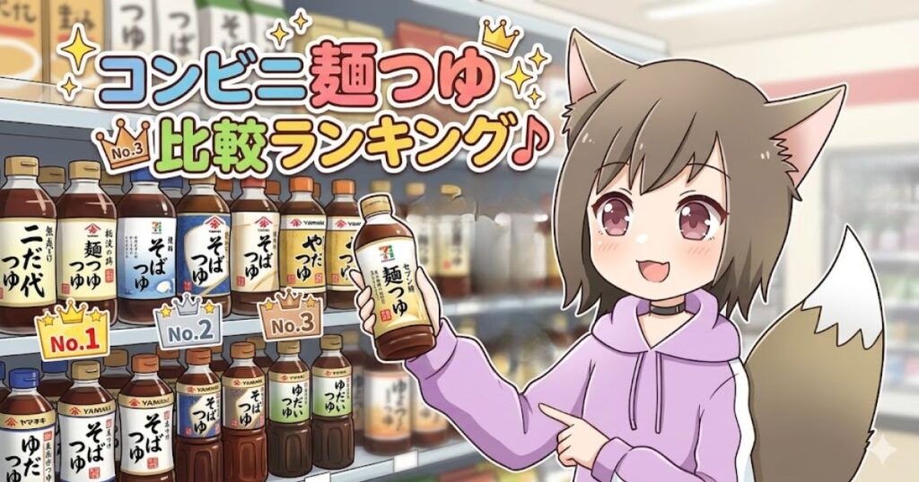 コンビニの棚の前できつね耳の女の子が麺つゆを指さしている「コンビニ麺つゆ比較ランキング♪」のアイキャッチ画像