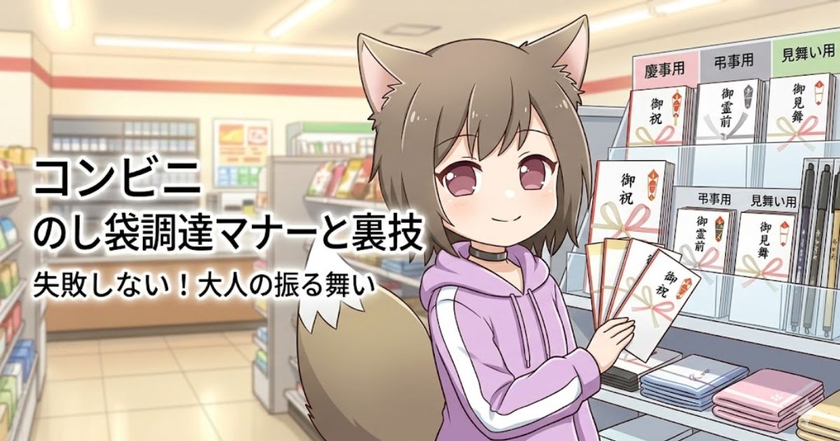 のし袋の売り場の前に立つ、紫色のパーカーを着た猫耳のキャラクターのイラスト。