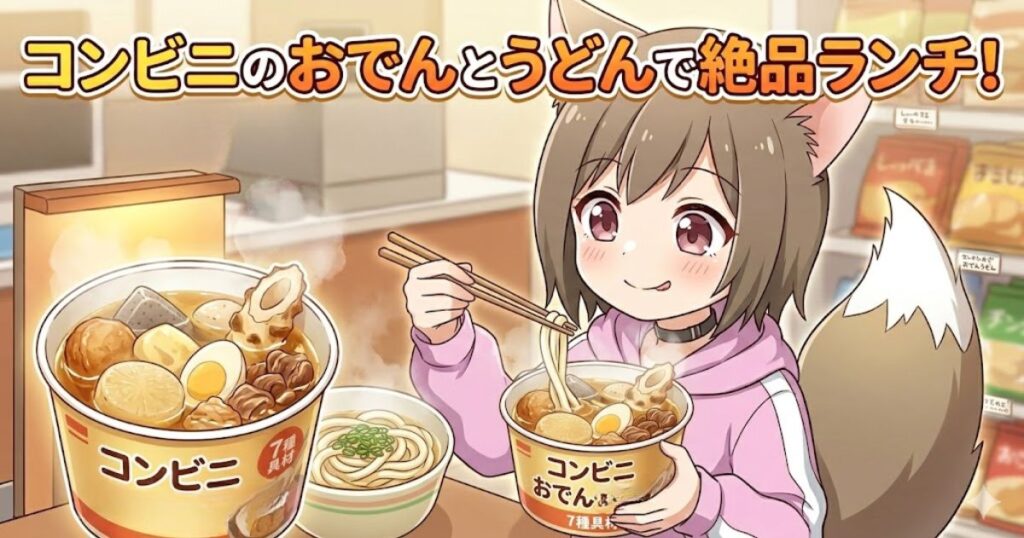 「コンビニのおでんとうどんで絶品ランチ！」のテキストが入った、おでんとうどんを食べる女の子