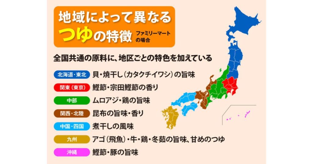 ファミリーマートのおでんつゆの特徴（だしの原料）を6つの地域別に色分けして解説した日本地図の図解