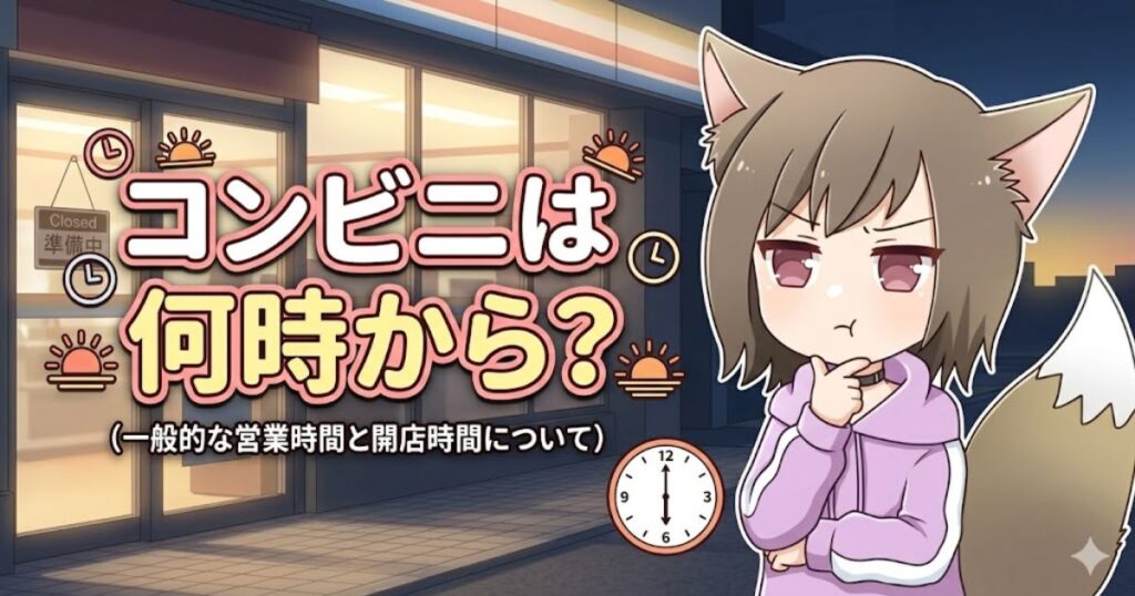 「コンビニは何時から？（一般的な営業時間と開店時間について）」のタイトルと、コンビニの前で開店時間を考えている女性キャラクターのイラスト