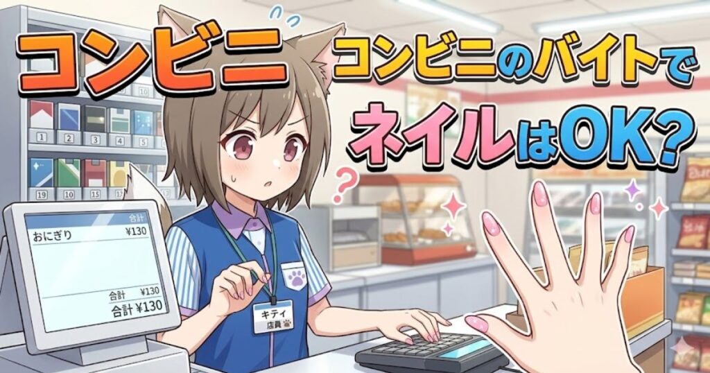 コンビニのレジで働く猫耳の女の子のイラストと、「コンビニのバイトでネイルはOK？」というテキスト。お客さんのピンク色のネイルを見て驚いている様子。