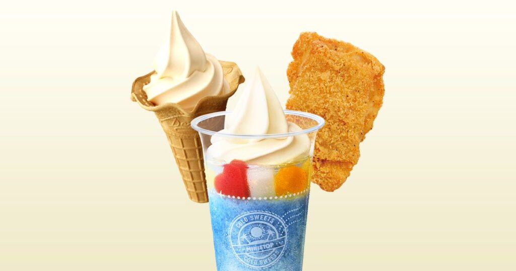 ミニストップのソフトクリーム、フルーツが入ったハロハロ（コールドスイーツ）、およびフライドチキンの商品画像。