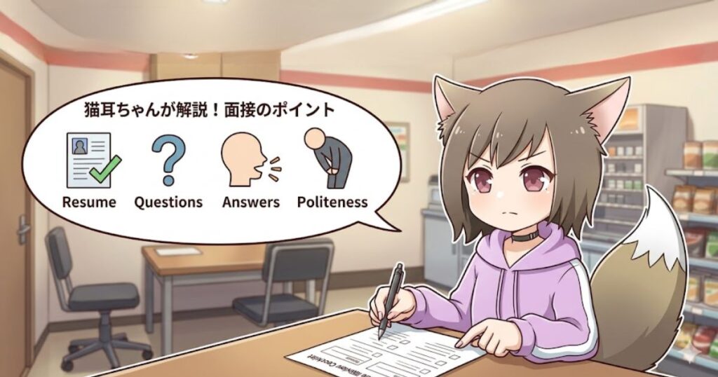 コンビニの面接チェックリストに記入する猫耳の女の子のイラスト。「猫耳ちゃんが解説！面接のポイント」という吹き出しの中に、履歴書（Resume）、質問（Questions）、回答（Answers）、礼儀（Politeness）のアイコンが描かれている。